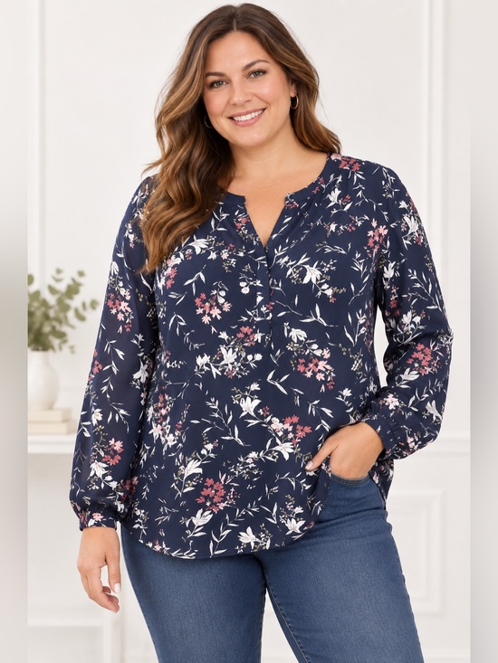 Hilary Radley Tops - Hilary Radley Navy Floral Long Sleeve Blouse Top Size XXL Plus Size Career Casua